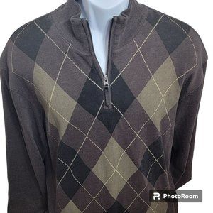 Method Sweater, Men XL, Taupe w/Green & Black Argyle, 1/4 Zip Mock Neck, EUC
